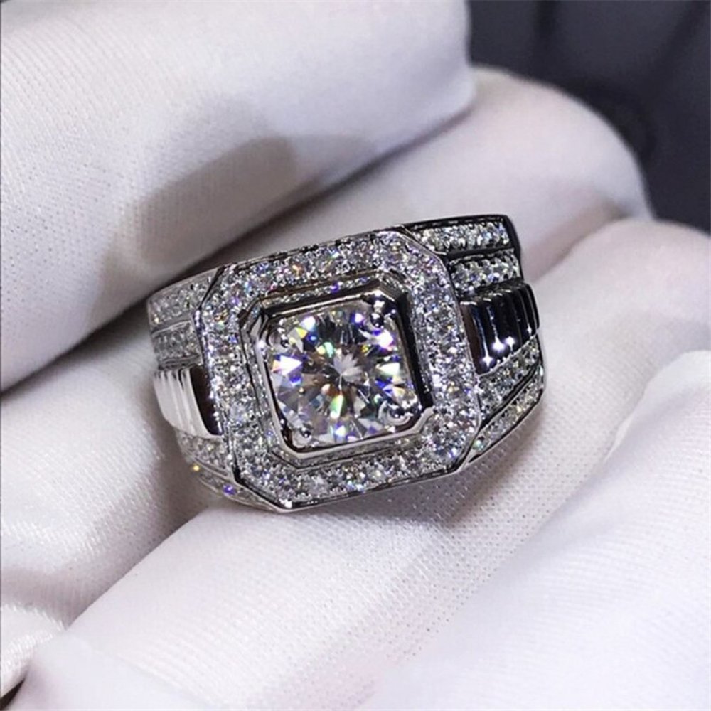New Men Silver Square Diamond Wide Band Ring *